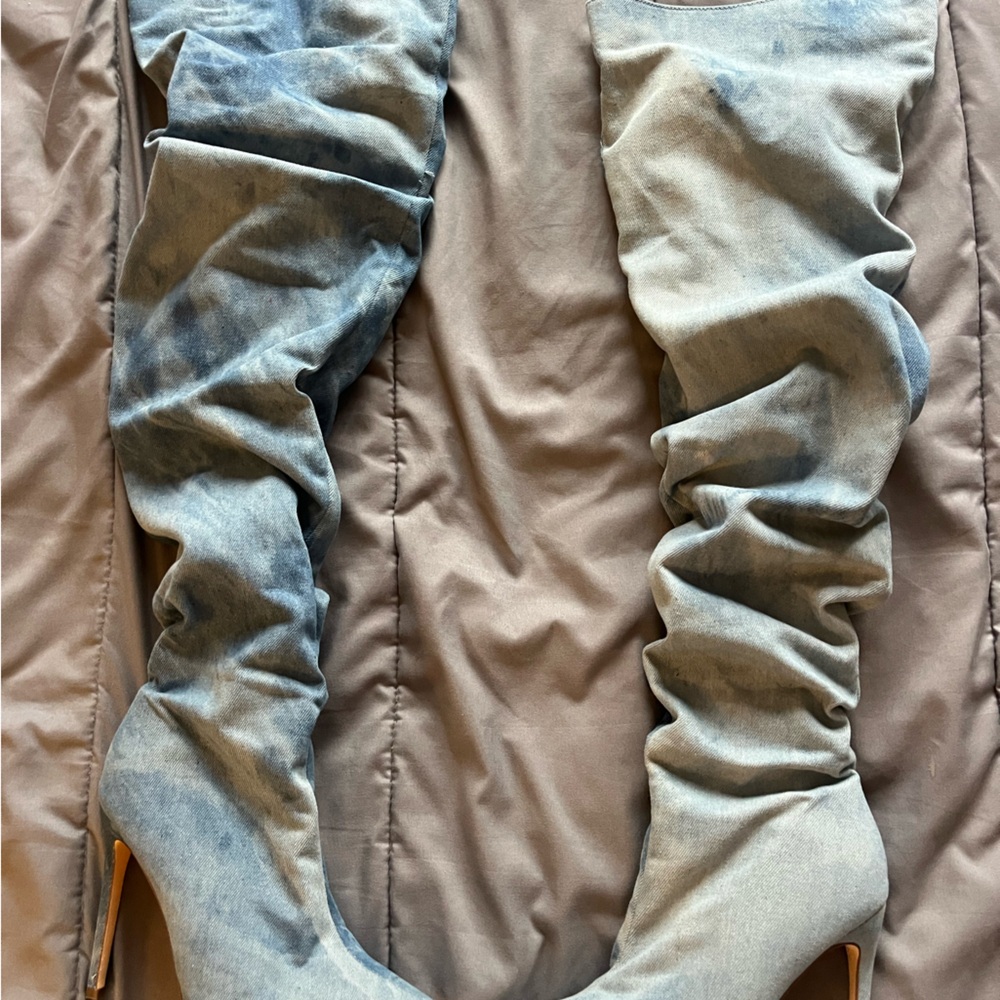 Blue denim thigh high boots